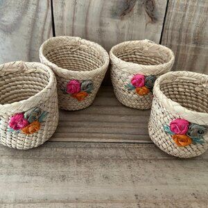 4 Woven Rattan Straw Drink Cozies Beverage Tropical Beach Cup Sleeves